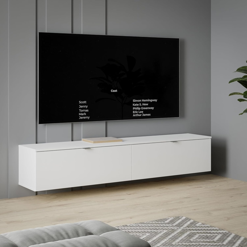 FORTE Libertad Minimalistischer, moderner TV-Schrank 180 mit 2 Klappschubladen, Weiß, 179,6 cm B x 35,4 cm H x 34,8 cm T Bild 1