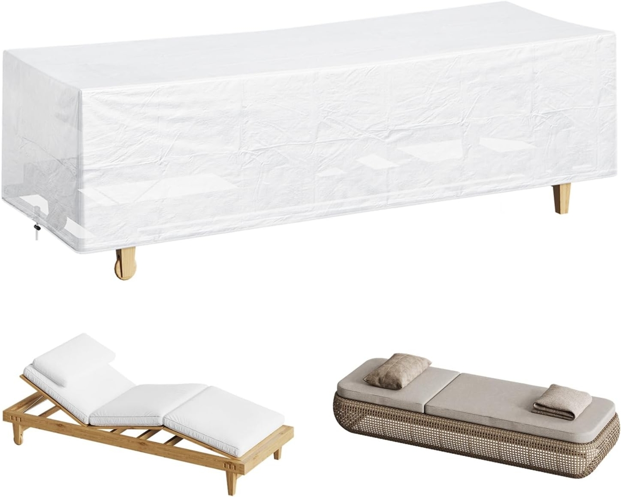 WOLTU Schutzhülle Gartenliege Sonnenliege, 218 x 77 x 55 cm, Abdeckung für Gartenmöbel, Abdeckhaube aus PE, Plane UV-Beständig wasserabweisend Winterfest reißfest, Transparent Bild 1