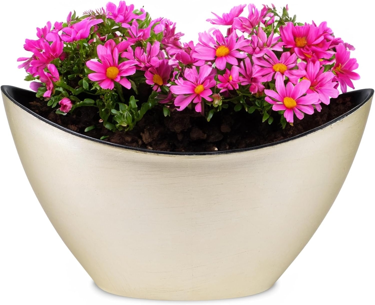 matches21 HOME & HOBBY Blumentopf Hohe Pflanzschale oval Vintage gold-farben 20 x 12 cm wetterfest (1 St), Schiffchen Deko-Schale als Tischdeko Blumen-Schale Outdoor Garten-Deko Bild 1