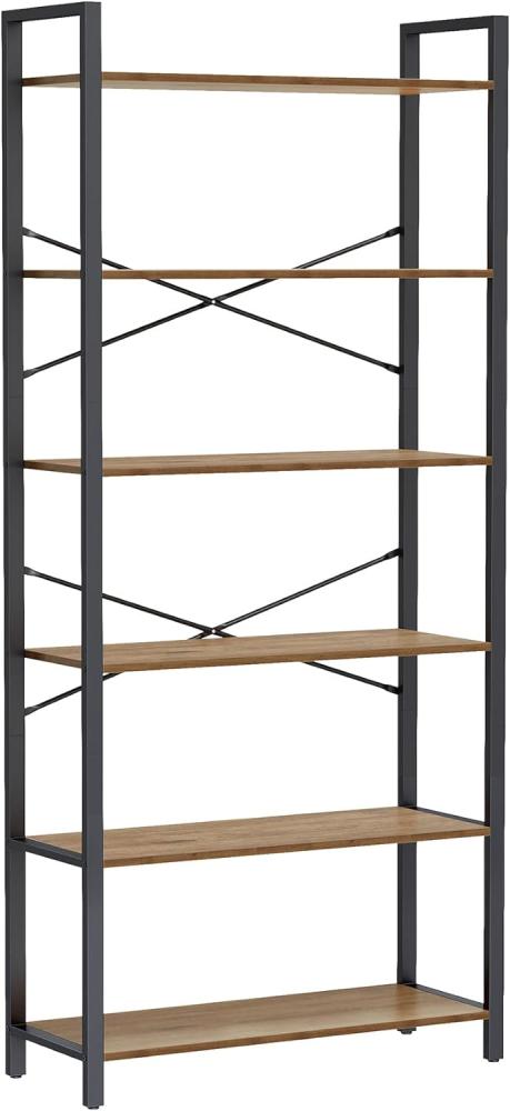 Vasagle Bücherregal 6 Ebenen, Standregal mit Stahlrahmen, freistehendes Regal für Wohnzimmer, Schlafzimmer, Arbeitszimmer, 30 x 80 x 186 cm, Industrie-Design, dunkelwalnussfarben-schwarz LLS082B48 Bild 1