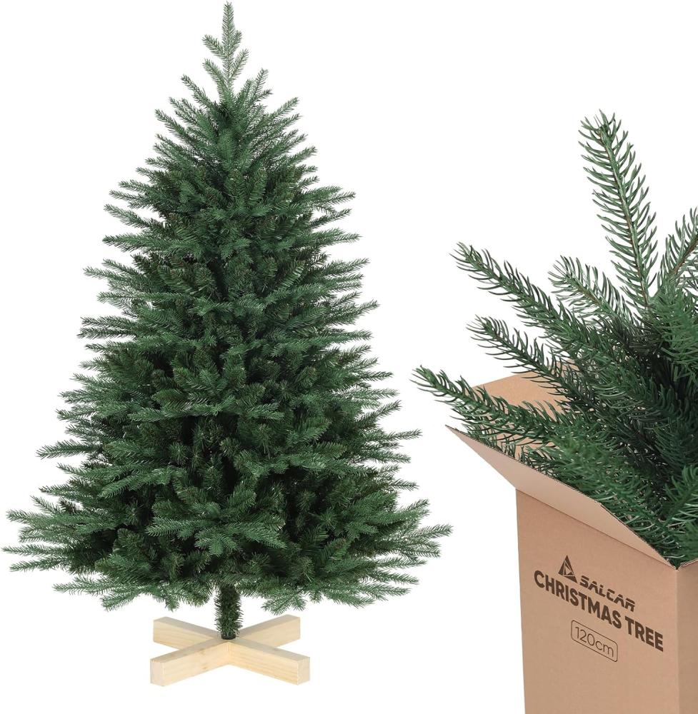 Salcar Künstlicher Weihnachtsbaum Weihnachtsbaum Künstlich Tannenbaum Christbaum mit Holzständer PE PVC, Nordmanntanne, 120 cm mit 725 PE-Zweigen und 203 PVC-Zweigen Bild 1