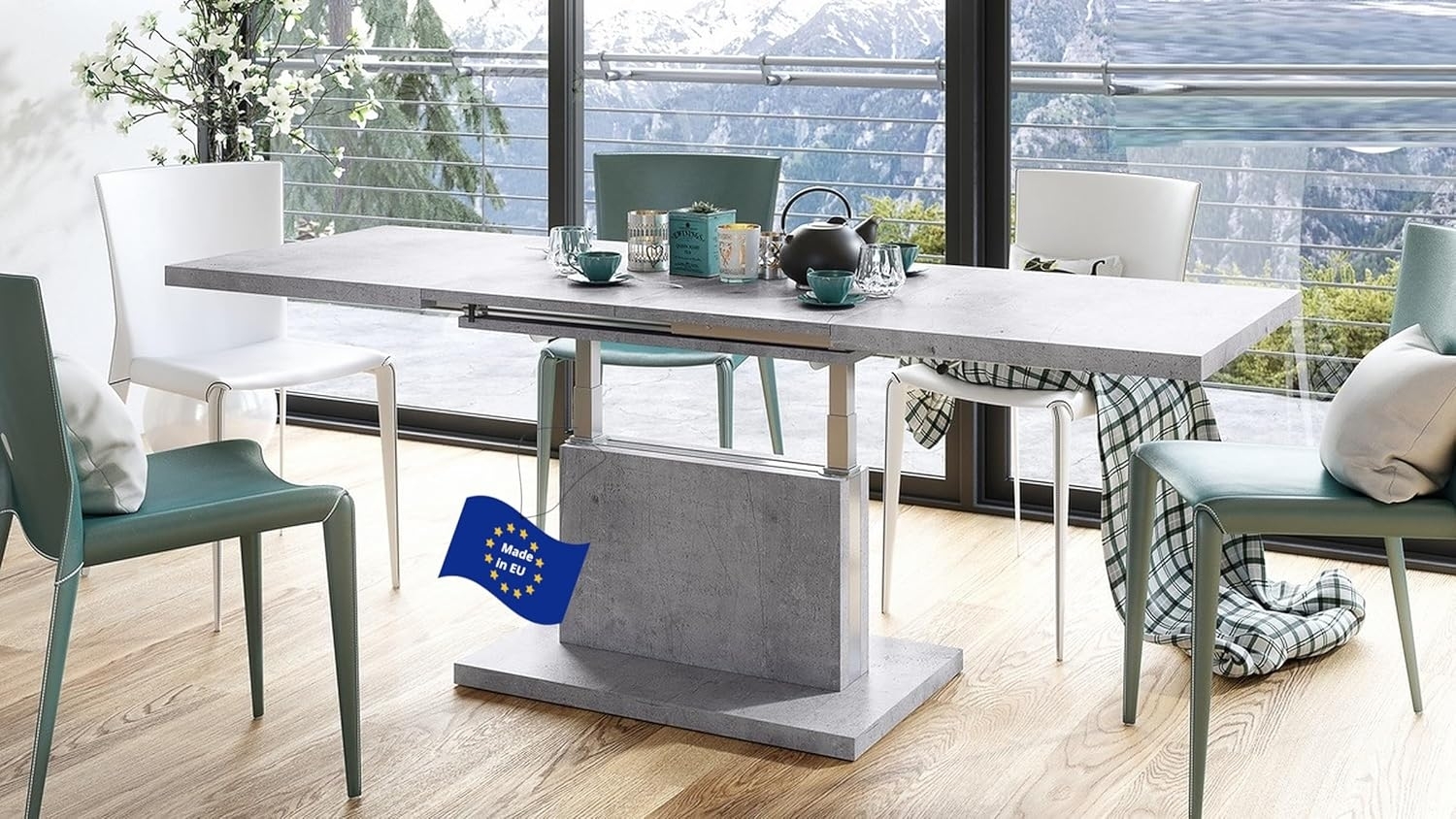 Mazzoni Couchtisch Aston Beton Betonoptik stufenlos höhenverstellbar ausziehbar 120-200cm, Funktionstisch, Wohnzimmertisch, Tisch, Esstisch, Sofatisch Bild 1