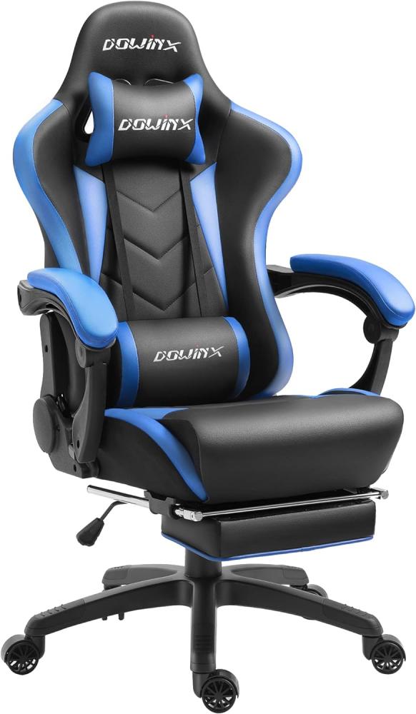 Dowinx Gaming Stuhl Ergonomischer Gamer Stuhl mit Massage Lendenwirbelstütze, PC Bürostuhl Rückenlehne Verstellbarer Drehsessel mit Fußstütze (Schwarz&Blau) Bild 1