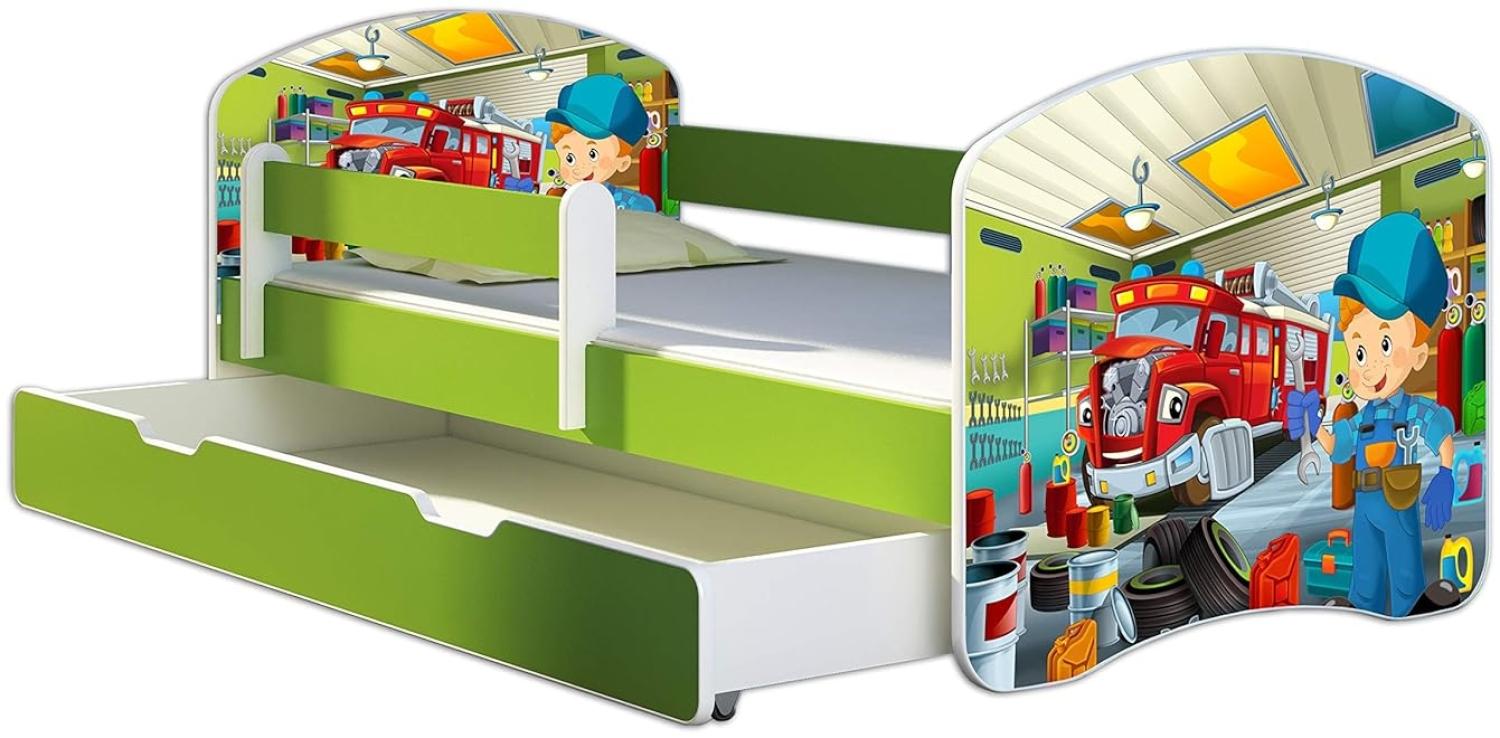 ACMA Kinderbett Jugendbett mit Einer Schublade und Matratze Grün mit Rausfallschutz Lattenrost II 140x70 160x80 180x80 (45 Mechaniker, 180x80 + Bettkasten) Bild 1