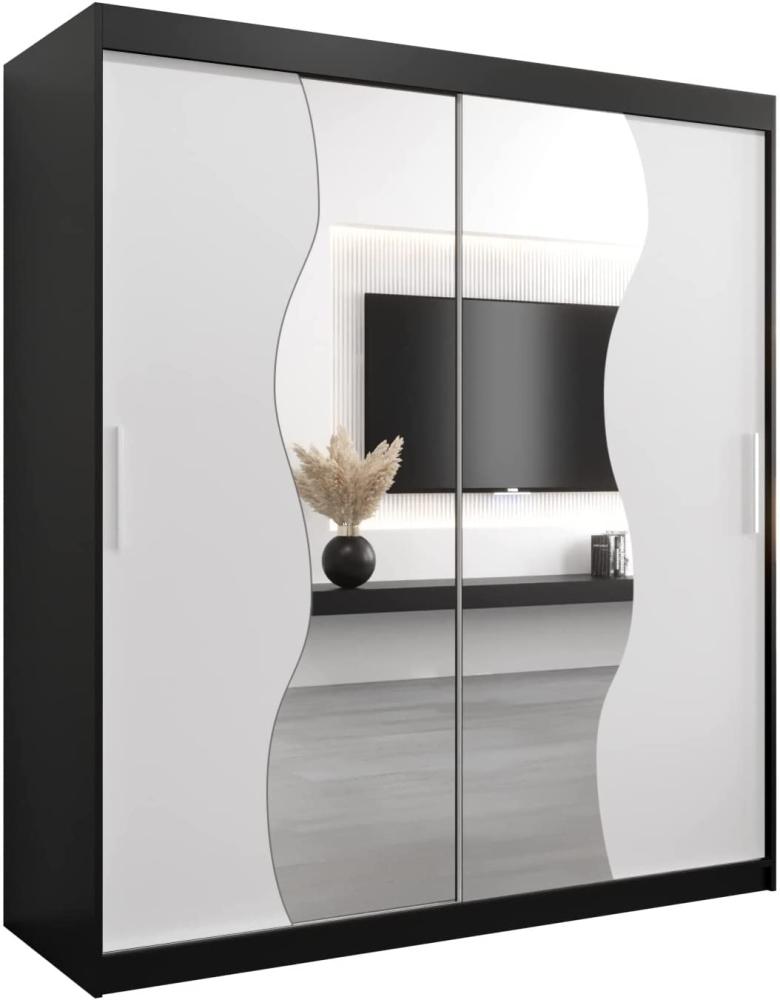 Kryspol Schwebetürenschrank Madryt 180 cm mit Spiegel Kleiderschrank mit Kleiderstange und Einlegeboden Schlafzimmer- Wohnzimmerschrank Schiebetüren Modern Design (Schwarz + Weiß) Bild 1