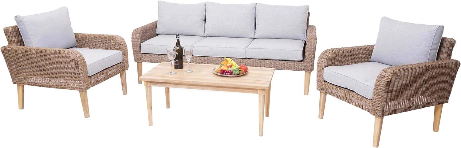 Garnitur HWC-H57, Garten-/Lounge-Set Sofa Sitzgruppe, rundes Poly-Rattan Alu + Akazie Spun Poly MVG ~ Kissen hellgrau Bild 1