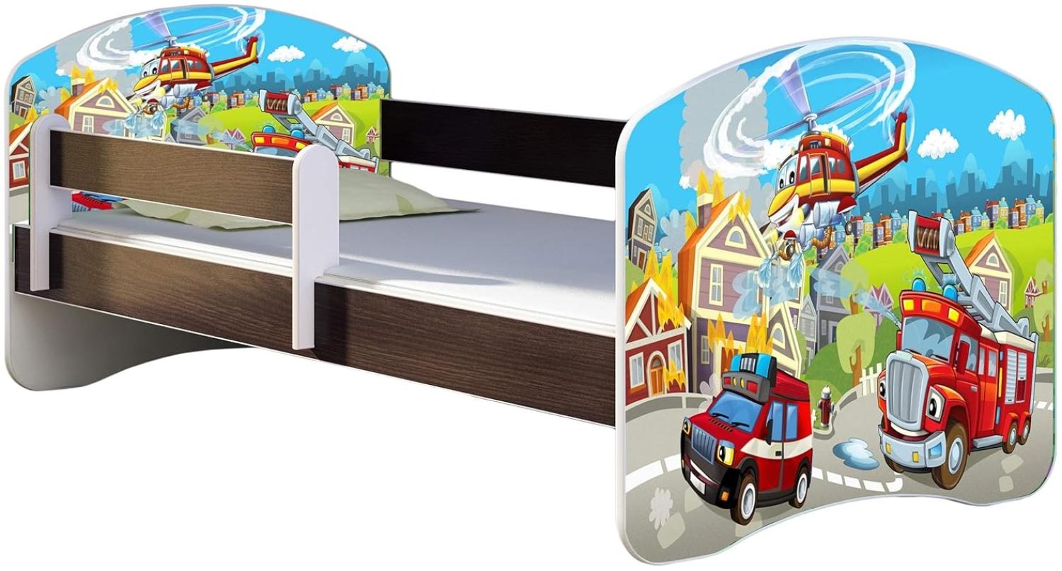 ACMA Kinderbett Jugendbett mit Einer Schublade und Matratze Wenge mit Rausfallschutz Lattenrost II 140x70 160x80 180x80 (36 Feuerwehr, 180x80) Bild 1