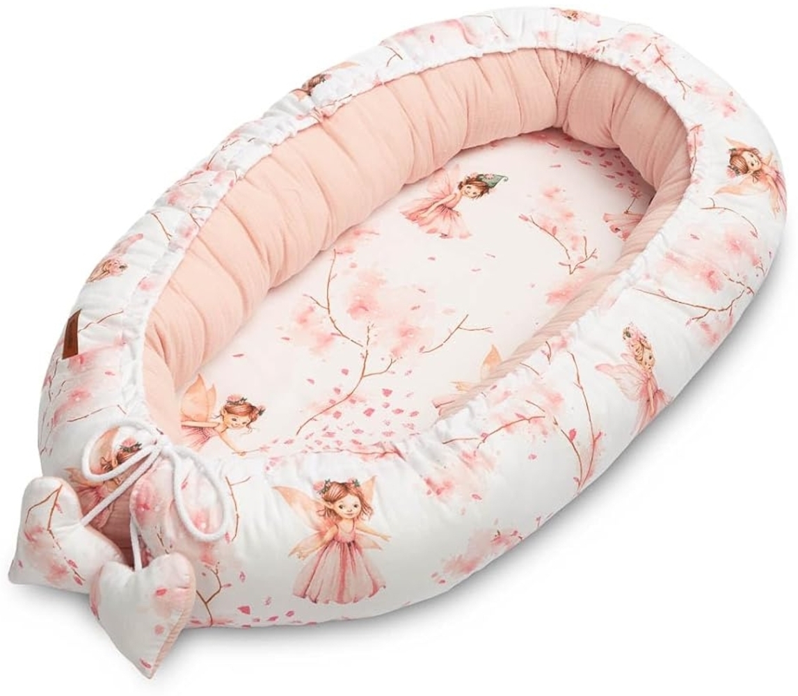 SENSILLO - Babynestchen Neugeborene - Baby-Kokon bis zu 6 Monaten - Für Bett, Kinderbett und Reise - Musselin und Baumwolle mit Silikonfüllung - 80x45 cm - Feen, Rosa Bild 1