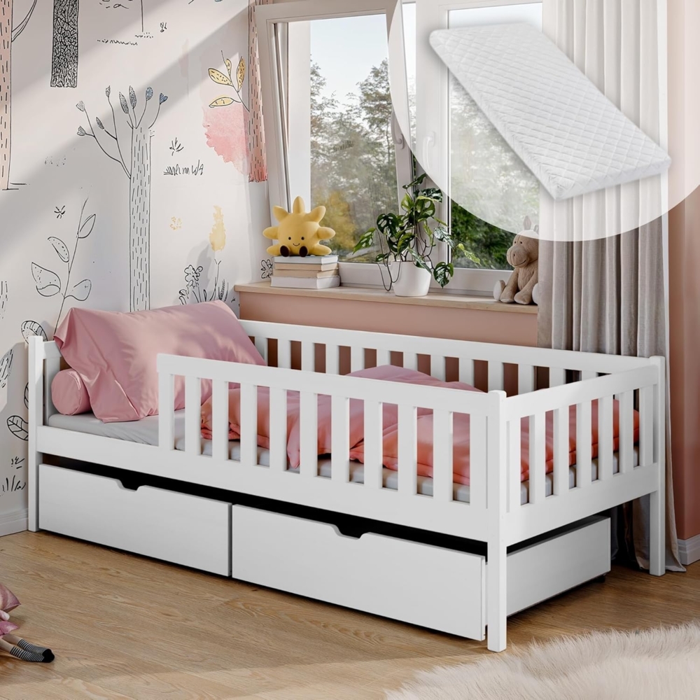 Kids Collective Kinderbett mit Rausfallschutz, Lattenrost und optionaler Matratze, Kinder Bett (mit zwei Schubladen), 90x200 cm: von 4. bis 18. Lebensjahr, weiß, mit Matratze Bild 1