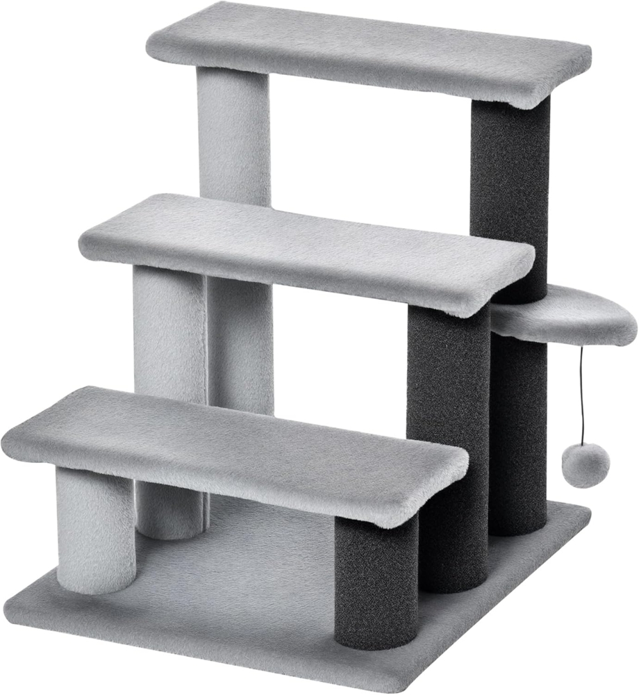 PawHut Kratzbaum mit Kratzbaum, Ball, 3-stufig, Spanplatte, Plüsch Jute, Grau, 45 x 40 x 48cm Bild 1