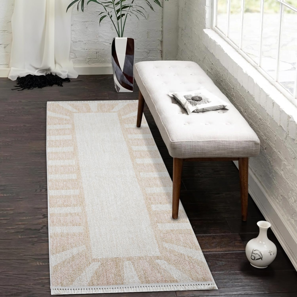 Teppich Läufer - 80x300 cm - Beige Rosa - Sonnen Muster - Boho Frasen Teppiche - Wohnteppich Deko Bild 1