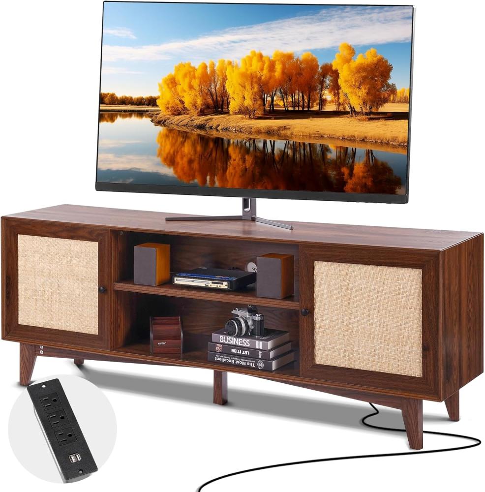 VEVOR Rattan-TV-Ständer 191cm Fernseher Boho-TV-Schrank Fernsehschrank Walnuss Bild 1