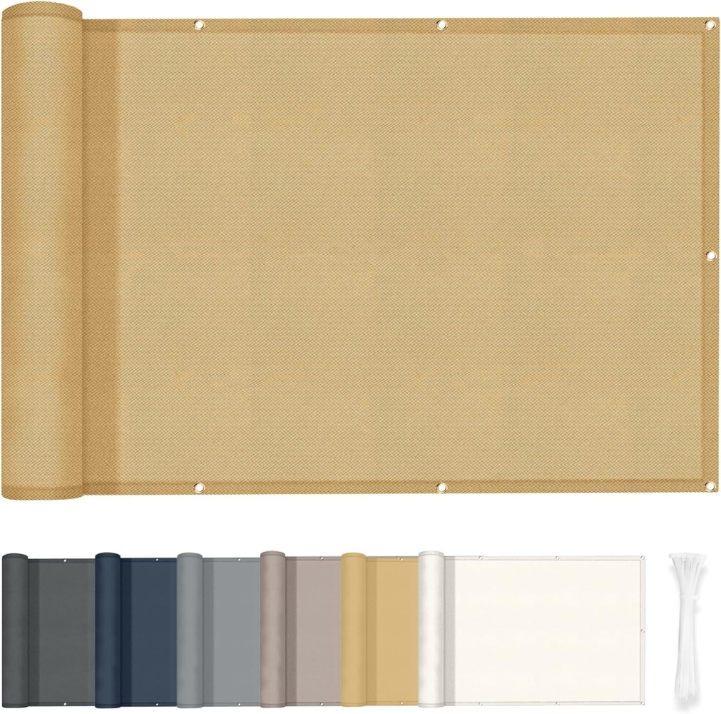 HENG FENG Balkon Sichtschutz 75x400 cm,160g/㎡ PES UV-Schutz Balkonverkleidung, Balkonabdeckung Wetterfest, mit Kabelbindern, Sand Bild 1