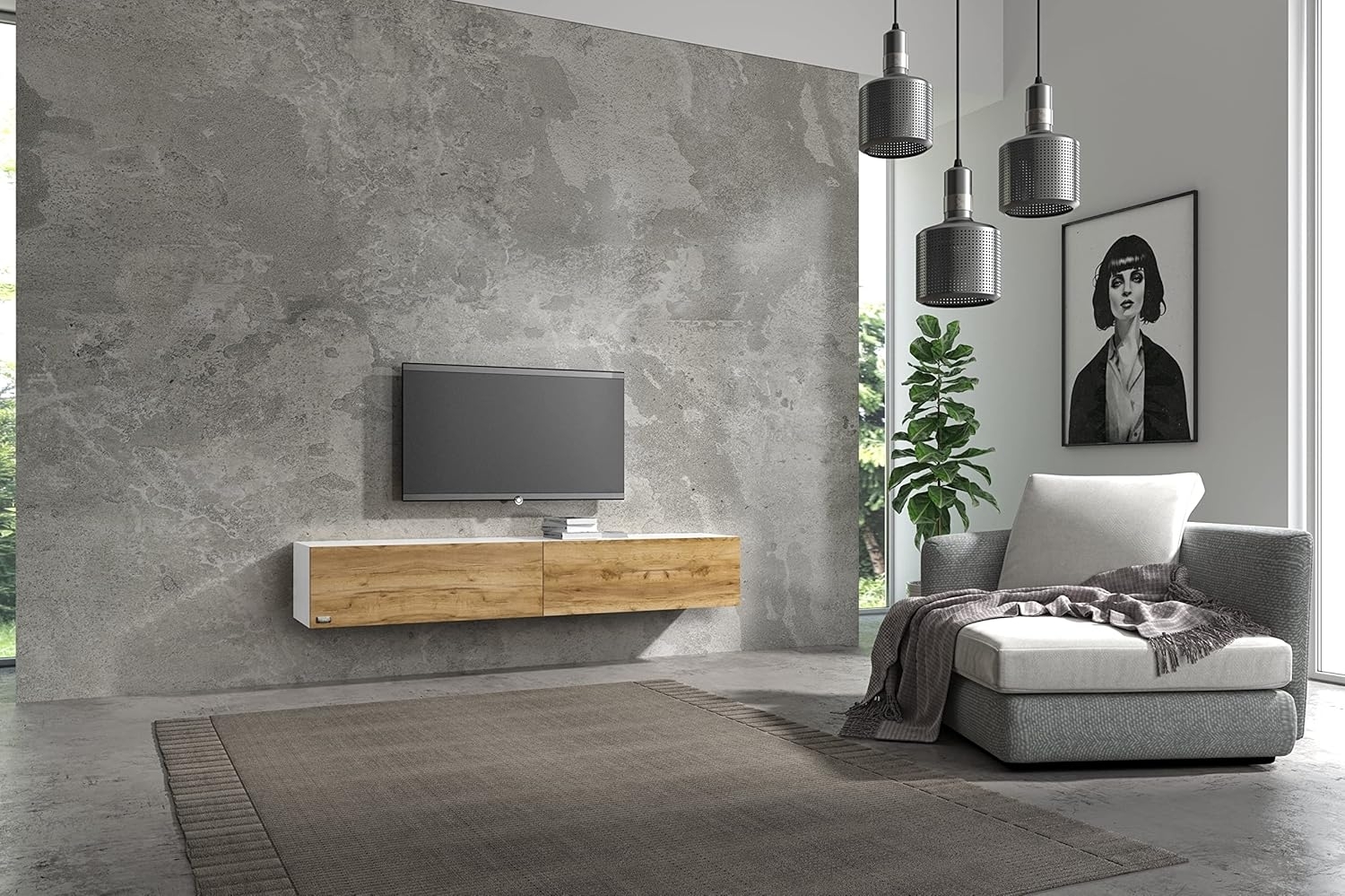 Wuun® TV Board hängend/8 Größen/5 Farben/180cm Matt Weiß- Eiche/Lowboard Hängeschrank Hängeboard Wohnwand/Hochglanz & Naturtöne/Somero Bild 1