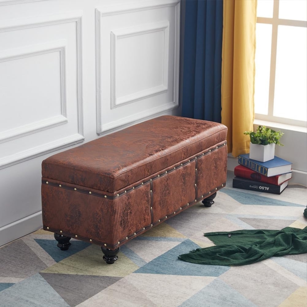 Shally Dogan Truhe für den Innenbereich mit gepolstertem Sitz, Bezug aus Nubukleder, Fußhocker für Schlafzimmer, Wohnzimmer, Sitzbank, 80 x 40 x 43 cm (Braun) Bild 1