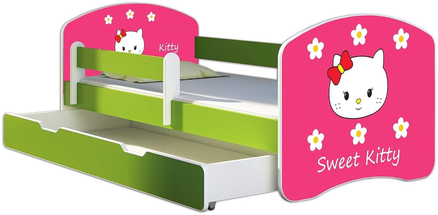 ACMA Kinderbett Jugendbett mit Einer Schublade und Matratze Grün mit Rausfallschutz Lattenrost II 140x70 160x80 180x80 (16 Sweet Kitty 2, 180x80 + Bettkasten) Bild 1