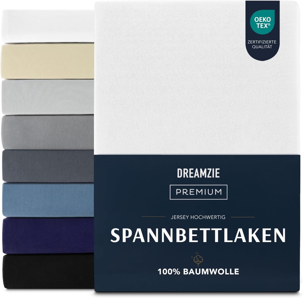 Dreamzie Premium Spannbettlaken 200x200 cm, Spannbetttuch für Dicke Matratzen bis zu 27 cm, Bettlaken 100% Jersey Baumwolle, 150 g/m², Oeko-TEX zertifiziert - Weiß Bild 1