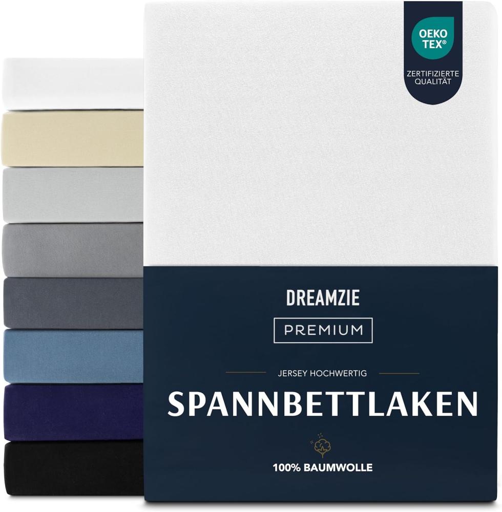 Dreamzie Premium Spannbettlaken 200x200 cm, Spannbetttuch für Dicke Matratzen bis zu 27 cm, Bettlaken 100% Jersey Baumwolle, 150 g/m², Oeko-TEX zertifiziert - Weiß Bild 1