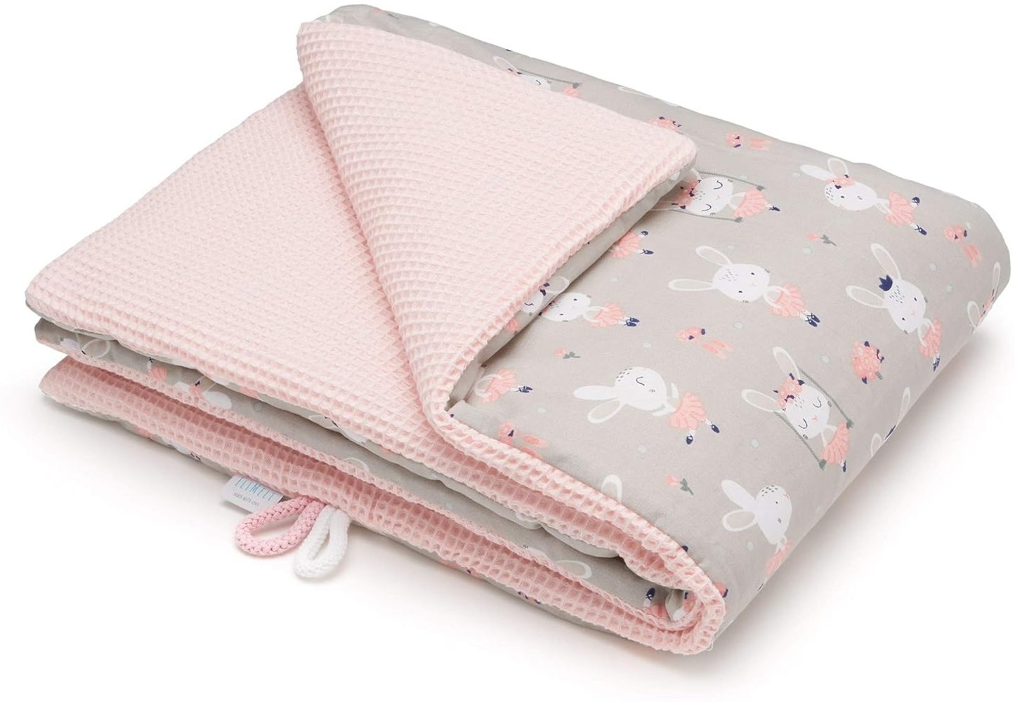 EliMeli BABYDECKE Kuscheldecke 100% Baumwolle - Warme Baby Decke aus Waffelstoff mit Füllung Ideal als Kinderwagendecke Geschenke für Junge und Mädchen (Rosa - Hase) Bild 1