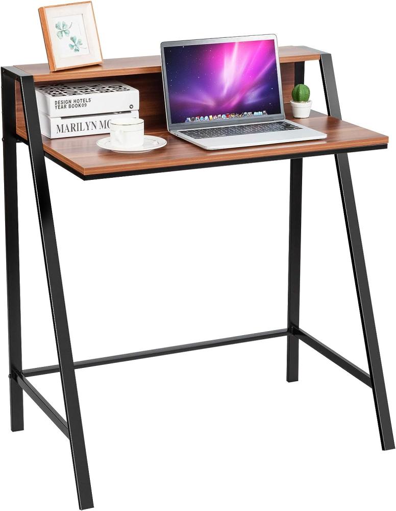 COSTWAY Schreibtisch 2-stoeckig, Computertisch mit stabilem Metallrahmen, Arbeitstisch Walnuss, Bürotisch, PC-Tisch fürs Wohnzimmer, Arbeitszimmer, Büro Bild 1