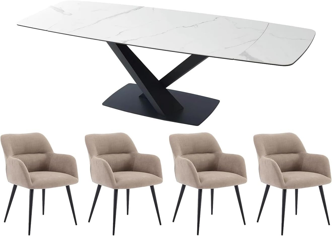 Vente-unique - Set Tisch MALATA + 4 Stühle HEKA - Marmor-Optik - Weiß & Beige Bild 1