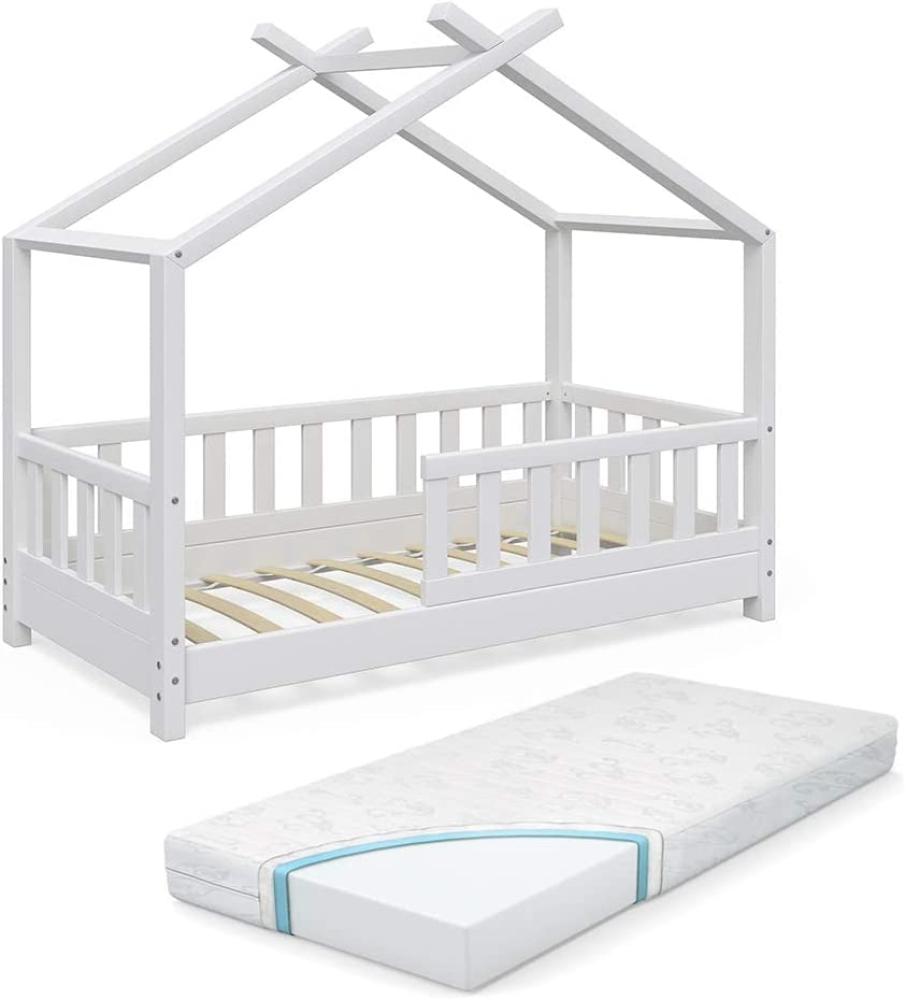 VitaliSpa Kinderbett Hausbett Design 70x140cm weiß Zaun Kinder Bett Holz Haus Schlafen Hausbett Spielbett Inkl. Lattenrost und Fallschutzgitter und Matratze Bild 1