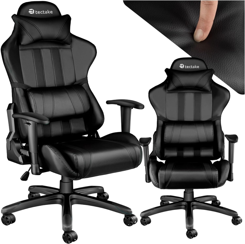 TecTake 800295 Bürostuhl Racing Gaming Stuhl ergonomisch mit Armlehnen inkl. Lordosenstütze und Nackenkissen - Diverse Farben - (schwarz schwarz | Nr. 402229) Bild 1