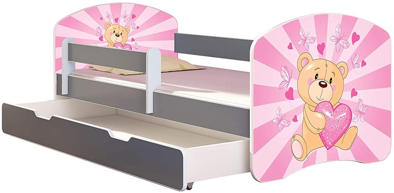 ACMA Kinderbett Jugendbett mit Einer Schublade und Matratze Grau mit Rausfallschutz Lattenrost II (10 Teddybär, 180x80 + Bettkasten) Bild 1