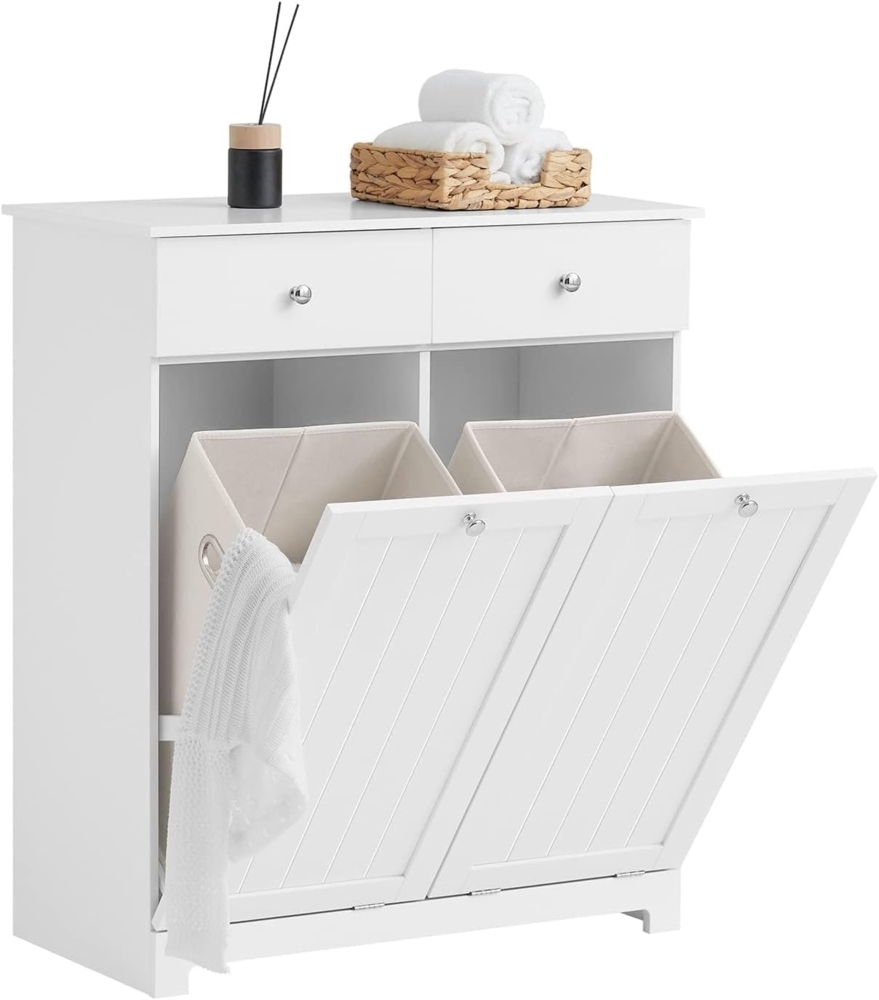 SoBuy BZR33-W Wäscheschrank mit 2 ausklappbaren Wäschesäcken Wäschetruhe Wäschesammler mit 2 Schubladen Wäschekorb Badschrank Badmöbel weiß BHT ca: 78 x 90 x 38 cm Bild 1