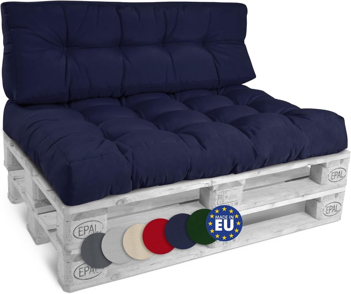 Beautissu Set Palettenkissen Outdoor 1x Sitzkissen 120x80 cm & 1x Rückenkissen 120x40 cm – Auflagen für Paletten Europaletten Palettensofa Lounge Kissen Palettenmöbel Palettenpolster Blau – Style Bild 1