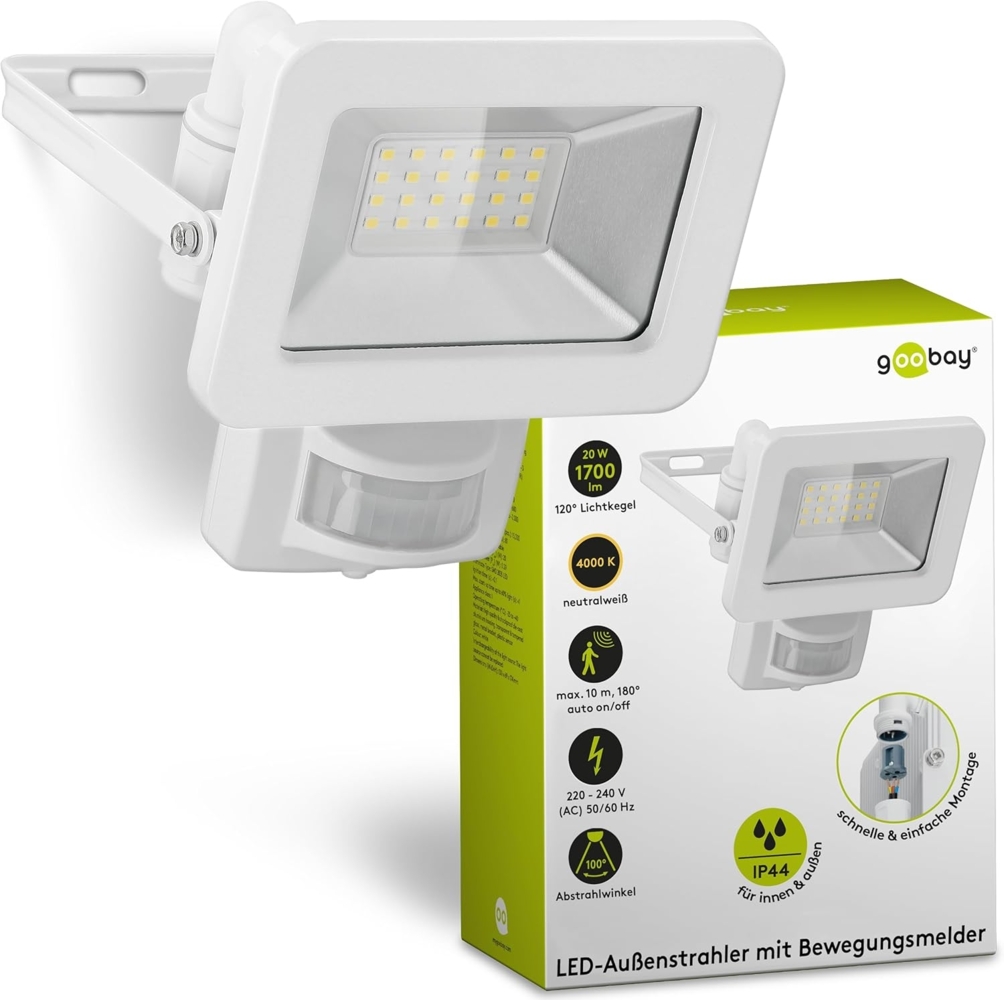 goobay 53880 LED Strahler Bewegungsmelder Außen 20W / PIR Sensor Außenstrahler IP44 / Neutralweißes Licht 1700 lm/LED Scheinwerfer Fluter Wandmontage/Gartenstrahler/Weiß Bild 1
