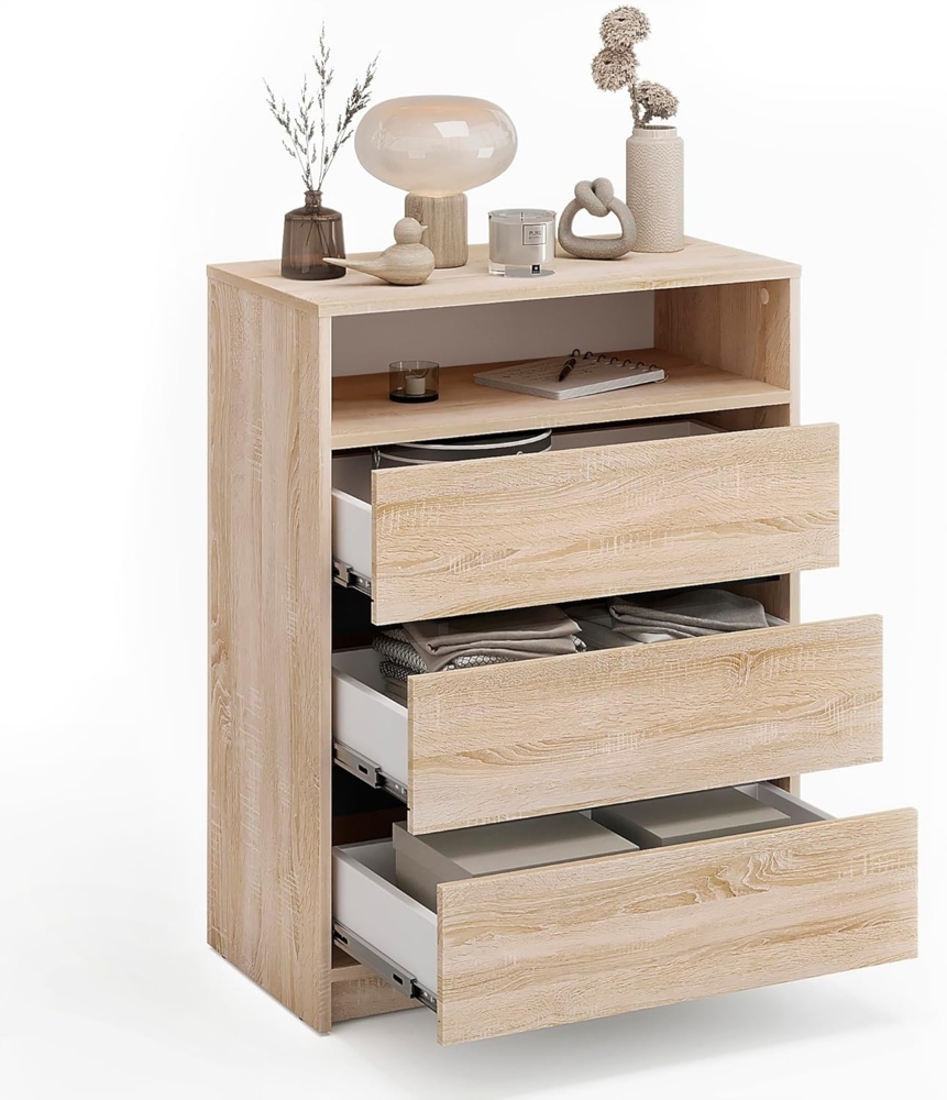 KOMTO Kommode Leon mit 3 Schubladen - Komodenschrank für Schlafzimmer, Schubladenkommode mit 1 offenen Fächern für Wohnzimmer 70 x 37 x 90 cm Bild 1