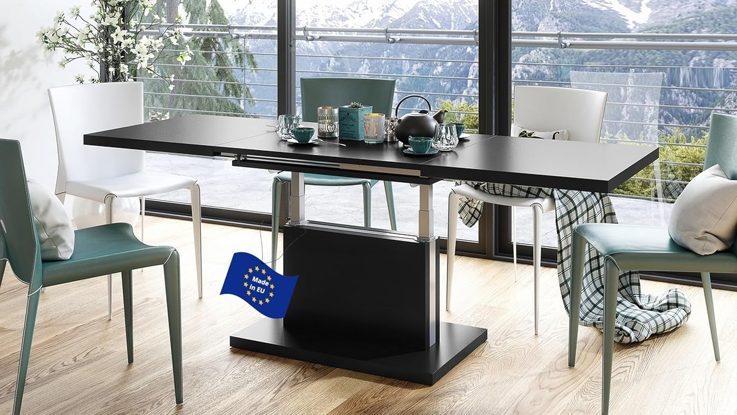 Mazzoni Couchtisch Aston Schwarz Matt stufenlos höhenverstellbar ausziehbar 120 bis 200cm, Funktionstisch, Wohnzimmertisch, Tisch, Esstisch, Sofatisch Bild 1