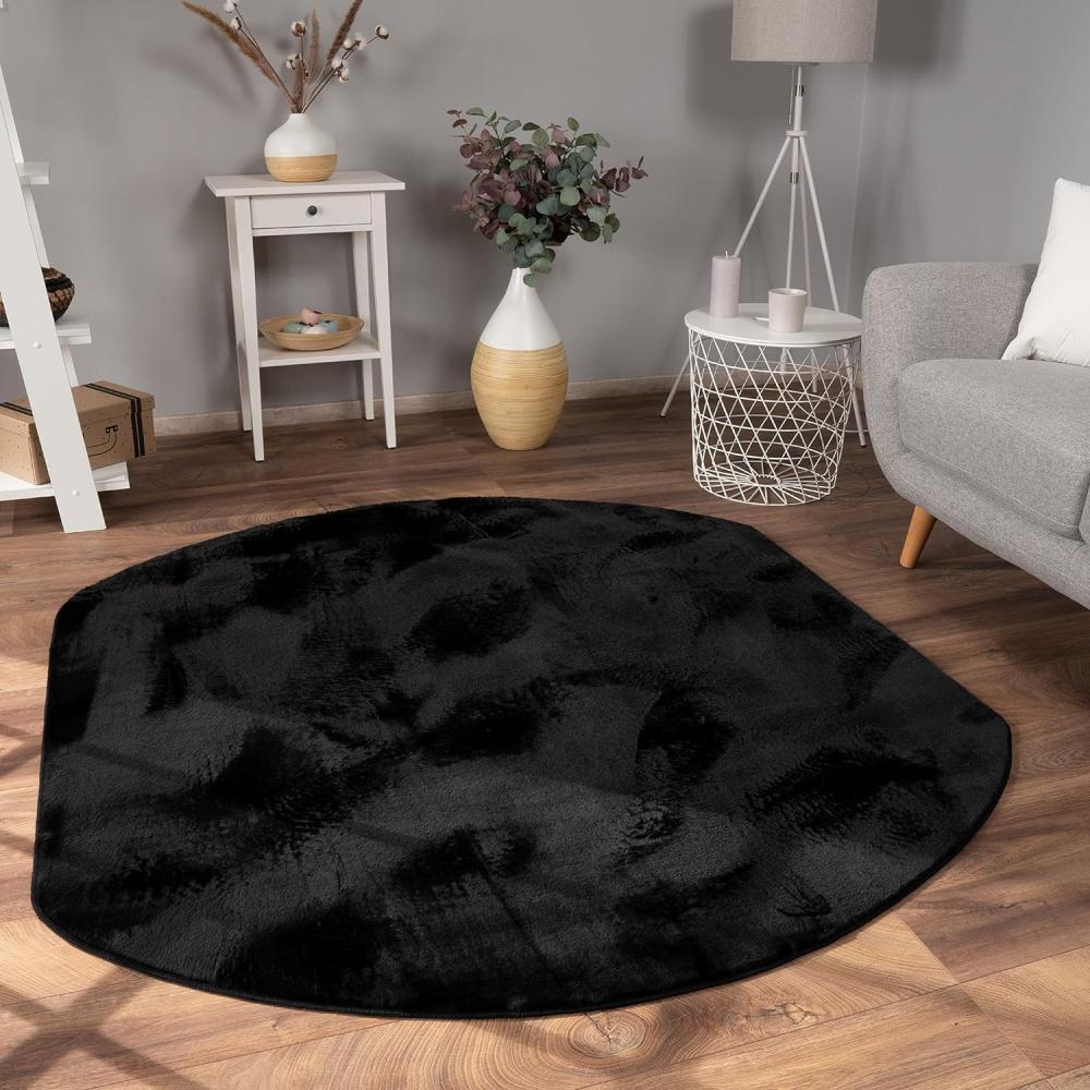 Paco Home Hochflor Teppich Wohnzimmer Flauschig Fellteppich Kunstfell Plüsch Shaggy Weich Fellimitat, Grösse:150x170 cm Oval, Farbe:Schwarz Bild 1