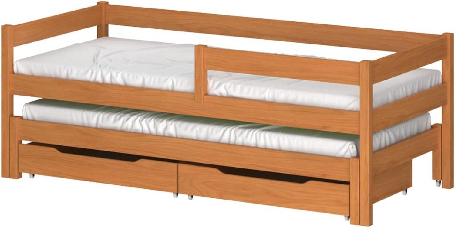 WNM Group Kinderbett Ausziehbar JULA mit Rausfallschutz und Lattenrost - Bett mit Schubladen - Ausziehbett für Jugendliche - Jugendbett - Funktionsbett - Teak - 80x180 80x170 Bild 1