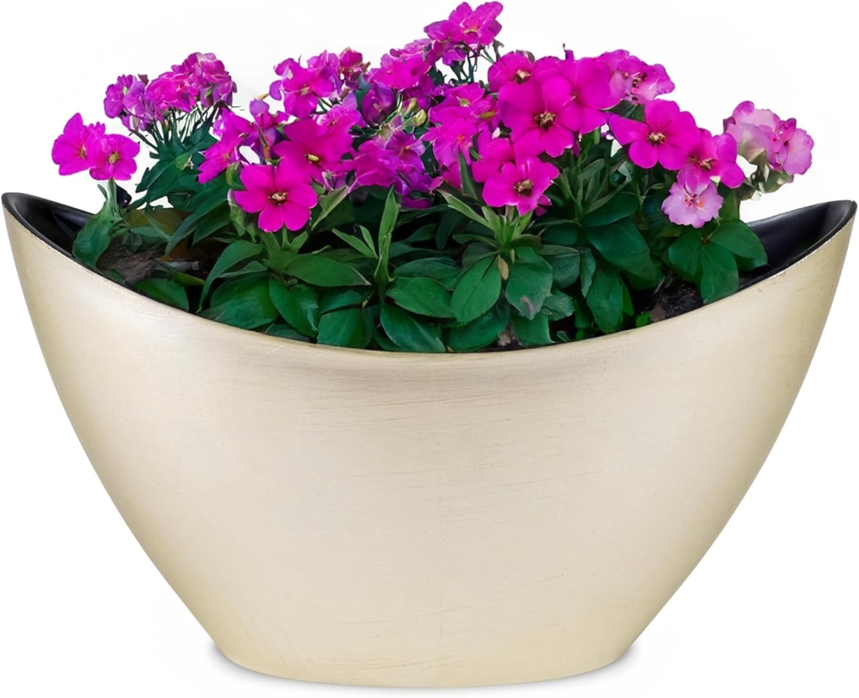 matches21 HOME & HOBBY Blumentopf Hohe Pflanzschale oval Vintage gold-farben 24x14 cm wetterfest (1 St), Schiffchen Deko-Schale als Tischdeko Blumen-Schale Outdoor Garten-Deko Bild 1