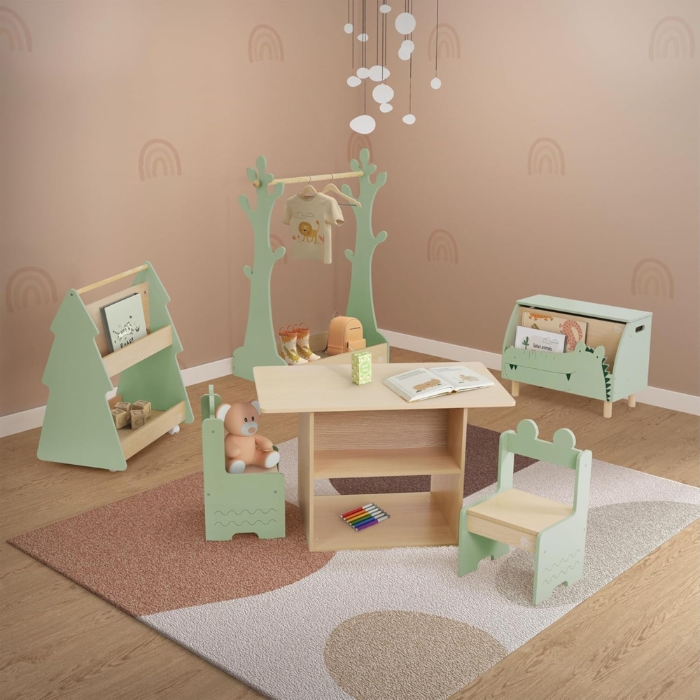 Joyz Spielzeugtruhe Kindersitzgruppe Kinderregal Bücherregal Kleiderständer Kleiderstange, Set aus MDF Tisch 2 Stühlen mit Ablage & Kiste Bild 1