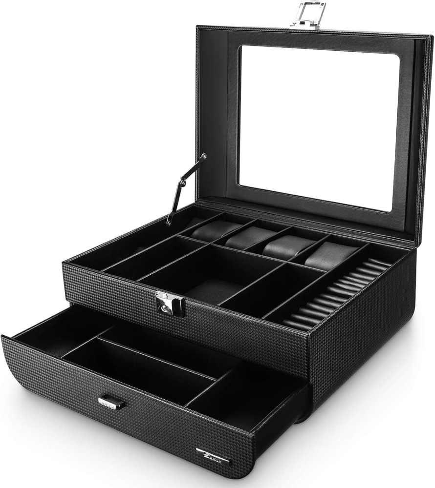 Yorbay Uhrenbox Uhrenbox für Herren, zwei Schichten, mit Glasdeckel, Schwarz (Uhren Aufbewahrungsbox, abschließbar Schmuckkästchen), Schmuckkasten für Uhren Schmuck Ringe Broschen Brille Bild 1