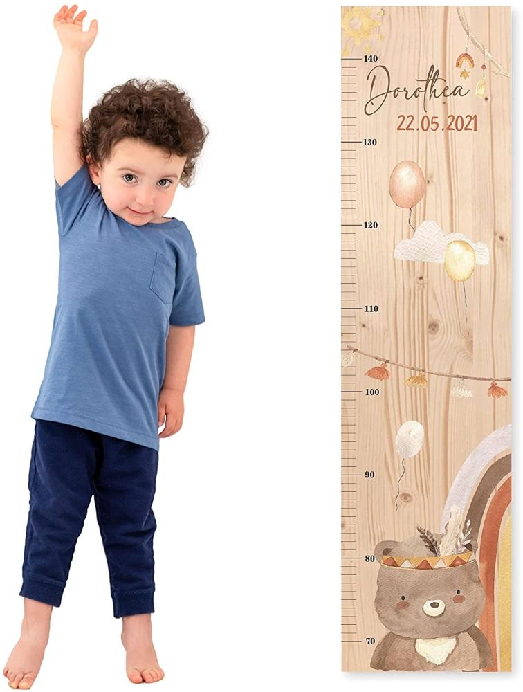 Kinder Messlatte BOHO Bär mit Namen aus Holz für Kinderzimmer mit süssen Motiven Messleiste Bild 1