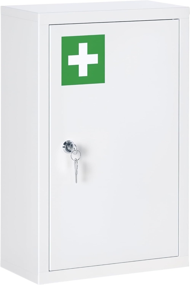 Kleankin Medizinschrank Medikamentenschrank, Wandschrank mit 3 Fächern, 2 Schlüsseln (Hängeschrank, 1-St, Apothekerschrank) für Wohnzimmer, Weiß Bild 1
