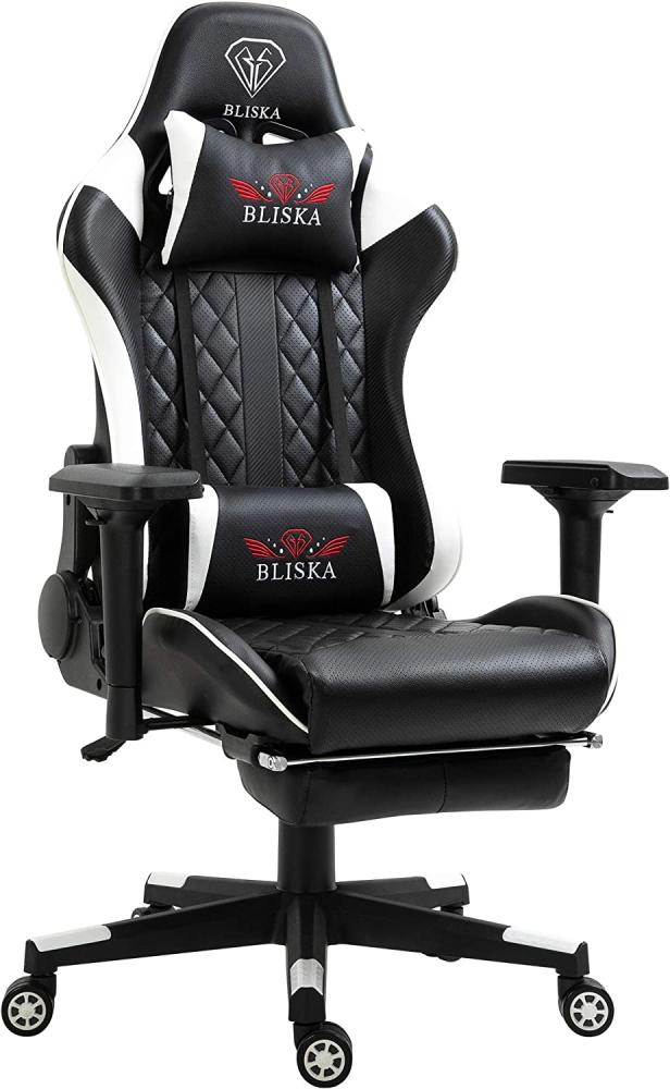 Gaming Stuhl Chair Racing mit Fußstütze und ergonomsichen 4D-Armlehnen Schwarz/Weiß Bild 1