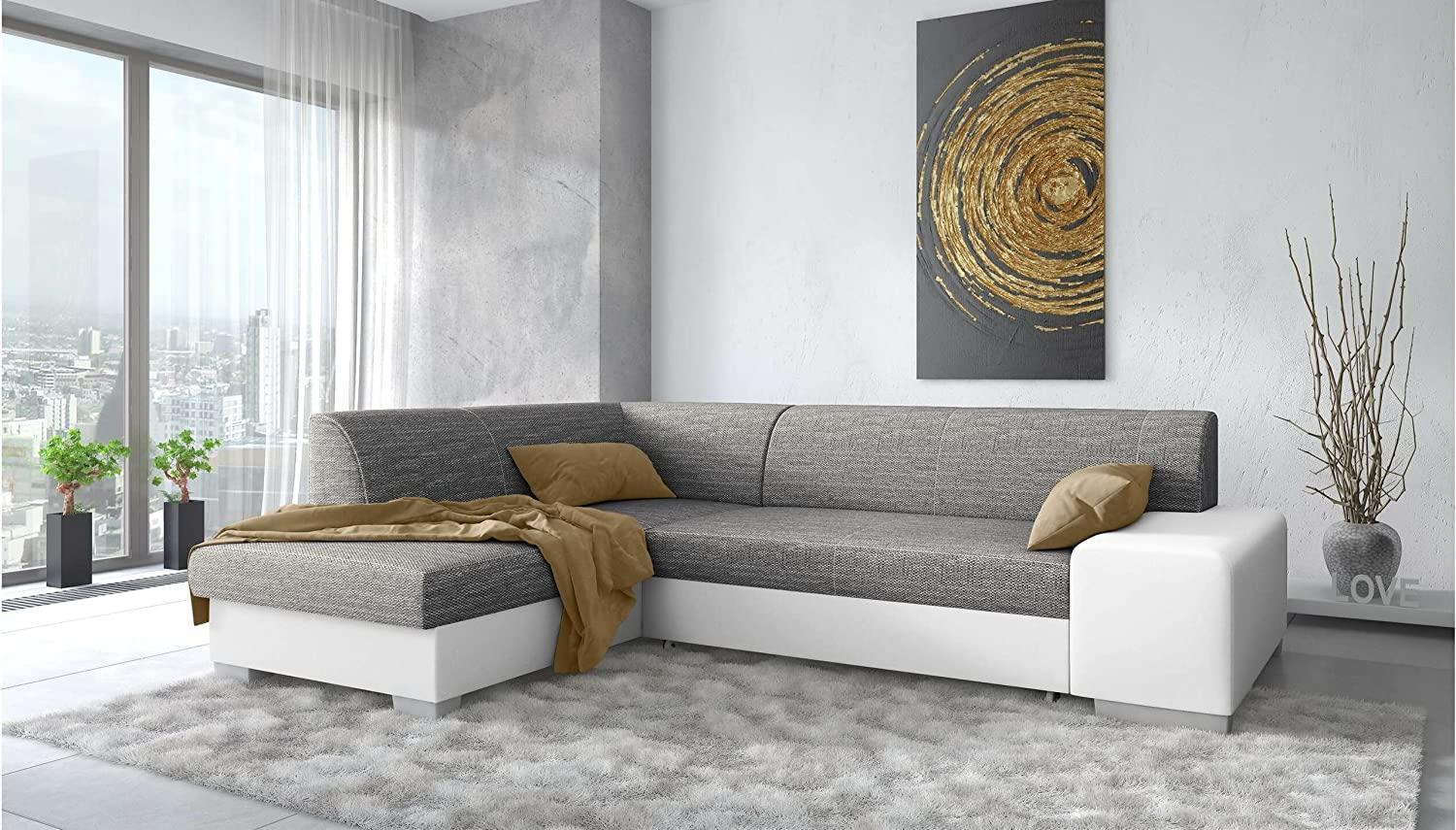 Stylefy Panaro Ecksofa Kunstleder MADRYT Strukturstoff BERLIN Weiß Dunkelgrau Links ohne Bild 1