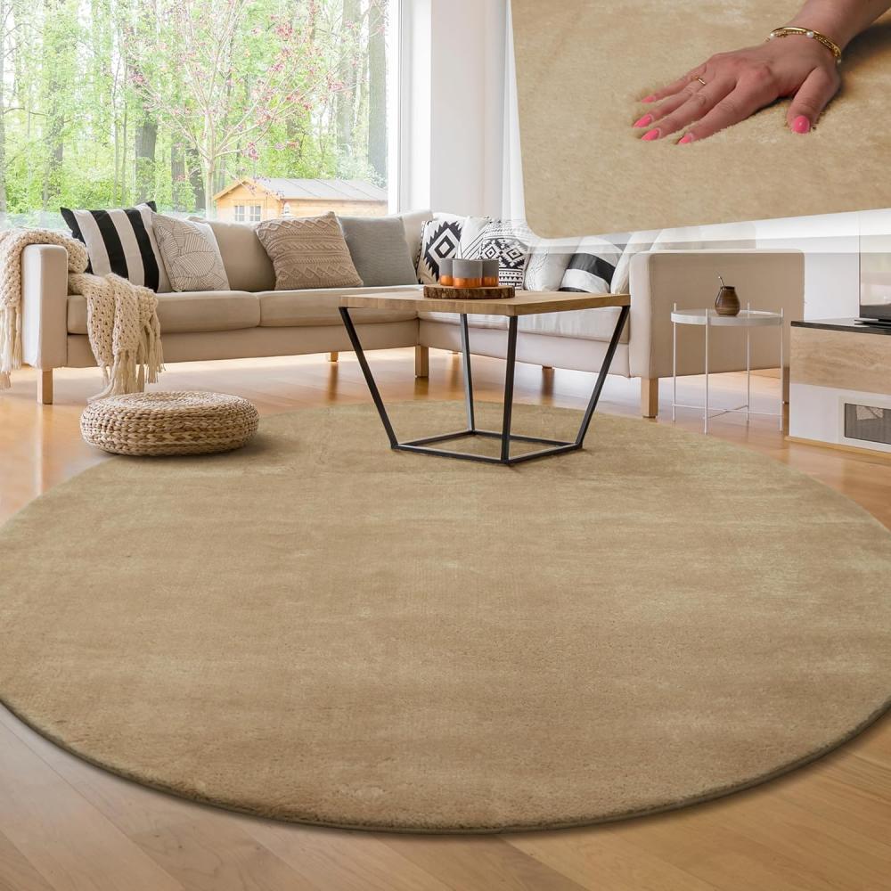 Paco Home Waschbarer Teppich Wohnzimmer Schlafzimmer Kurzflor rutschfest Flauschig Weich Moderne Einfarbige Muster, Grösse:160 cm Rund, Farbe:Beige 2 Bild 1