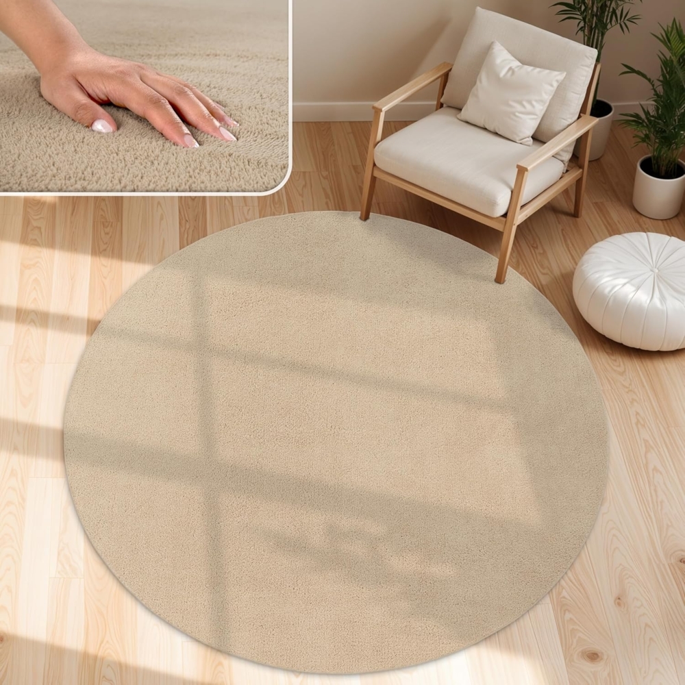 Paco Home Waschbarer Teppich Wohnzimmer Schlafzimmer Kurzflor rutschfest Flauschig Weich Moderne Einfarbige Muster, Grösse:160 cm Rund, Farbe:Beige 2 Bild 1