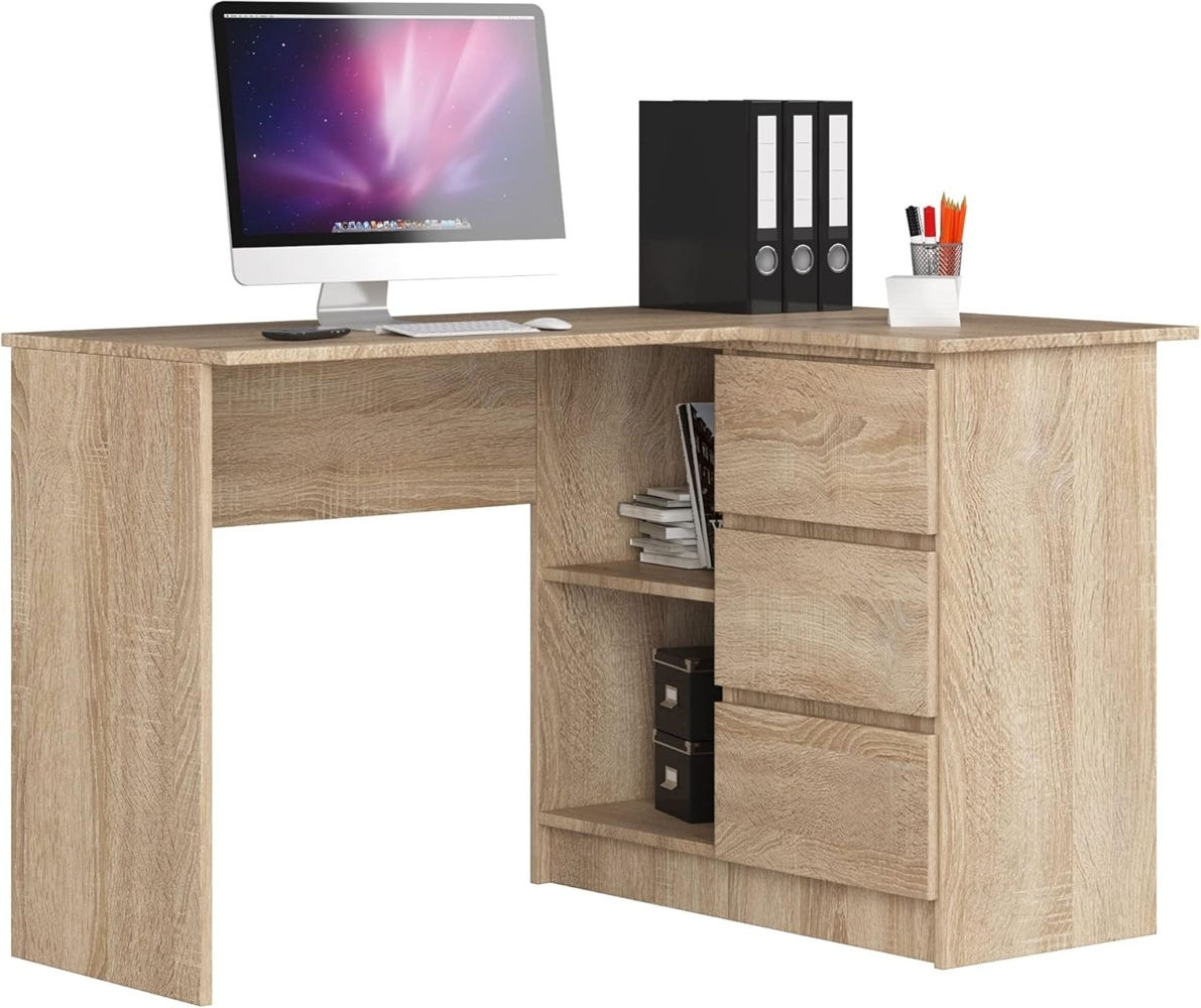 Eck-Schreibtisch B-16 mit 3 Schubladen und 2 Ablagen Links- oder rechtsseitig, B124 x H77 x T85, 48 kg Bild 1