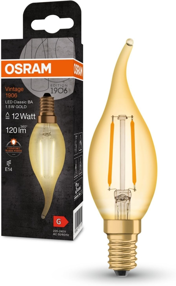 Osram LED-Lampen, Vintage-Edition, 12 Watts Ersatz, E14, B-shape, 2400 Kelvin, Warm Comfort Light, Klares Glas, single Pack Bild 1