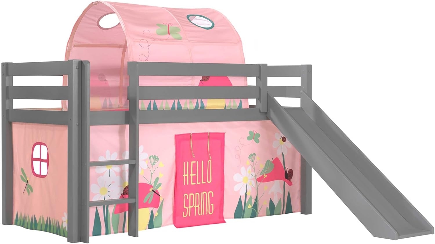 Vipack Spielbett 'Pino' inkl. Rutsche grau, mit Textilset Vorhang und Tunnel 'Spring' Bild 1