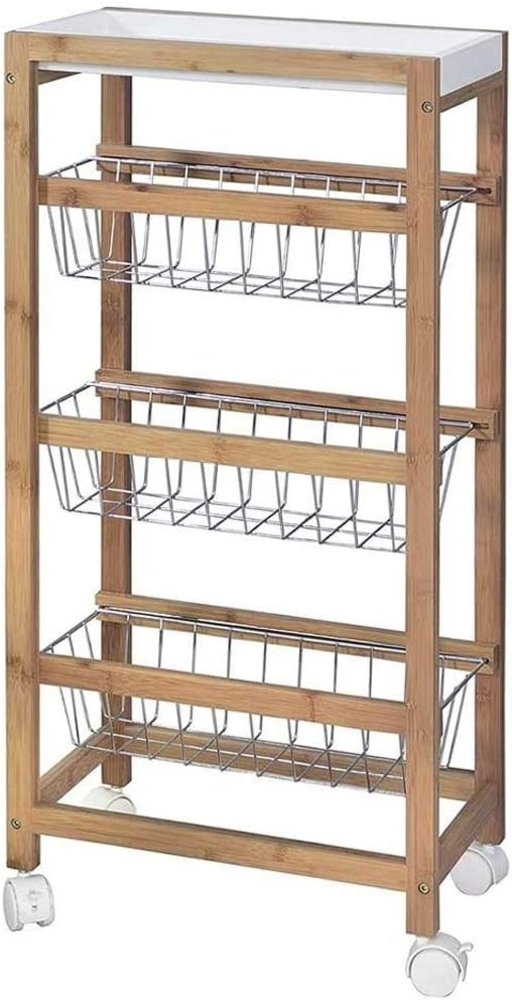 BAKAJI Küchenwagen Slim platzsparend aus Bambusholz mit 1 ausziehbarem Tablett 3 Körben und Obstkorb aus Metall und 4 drehbare Rollen Servierwagen Haus Maße 40 x 22 x 83 cm Bild 1