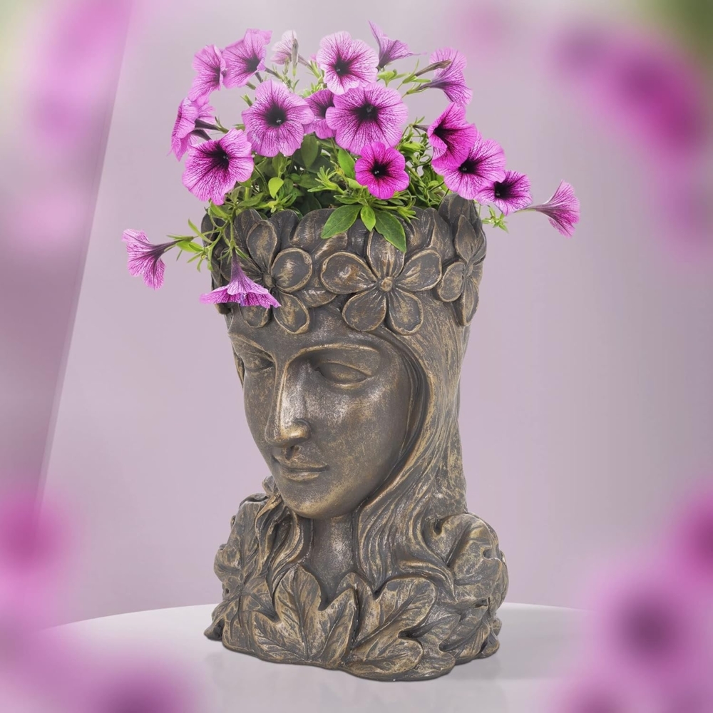 ML-DESIGN Blumentopf Pflanztopf Figur aus Kunstharz - Polyresin Pflanzgefäß Pflanzen Vase, Frauenkopf Bronze massiv Übertopf Pflanzer Gartendeko Bild 1