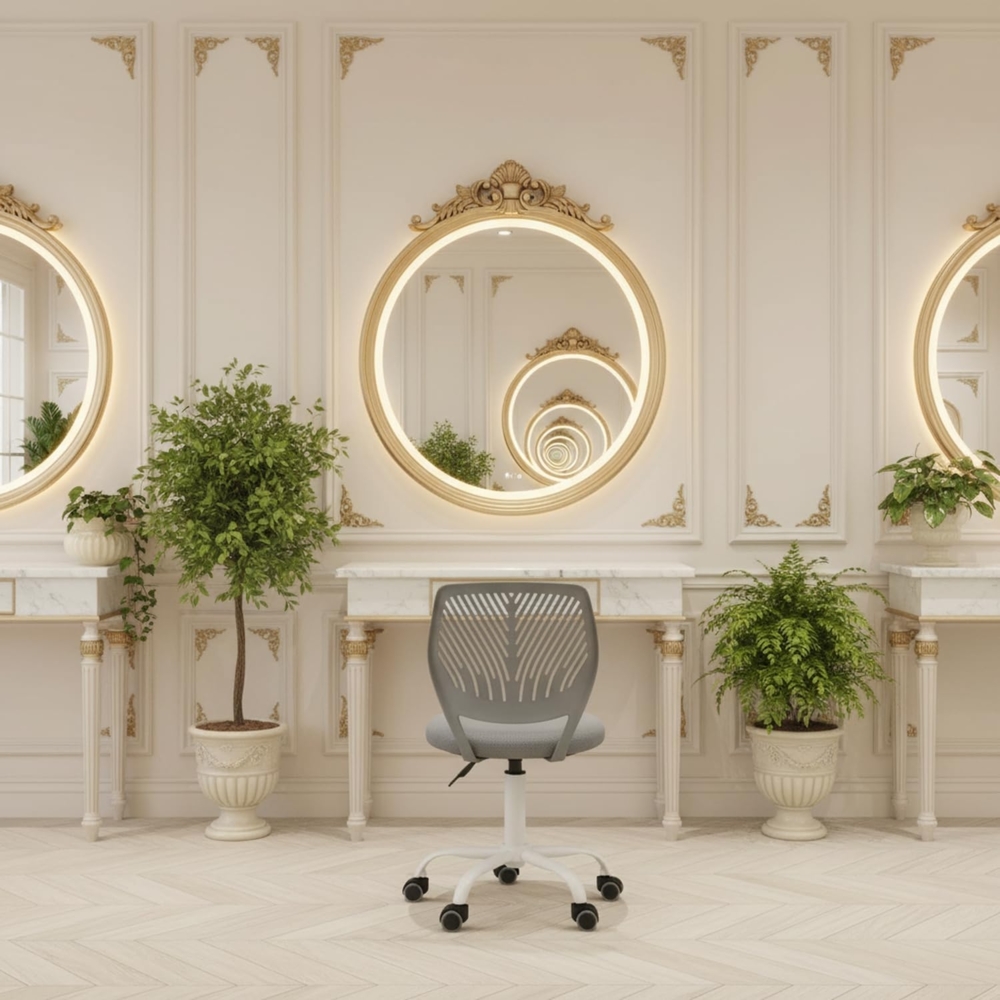 FurnitureR Friseurstuhl ergonomischer Drehstuhl ohne Armlehnen, höhenverstellbar, Netzrückenlehne, Metallfuß mit Rollen, 38x40 cm Sitz, belastbar 130kg, für Salon & Spa, Dunkelgrau Bild 1